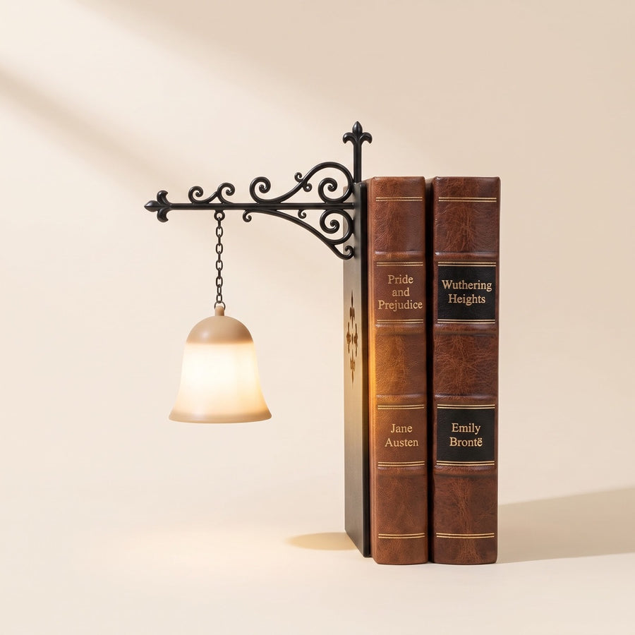 The Amber Lantern shelf lantern by NookPalace, hanging between books