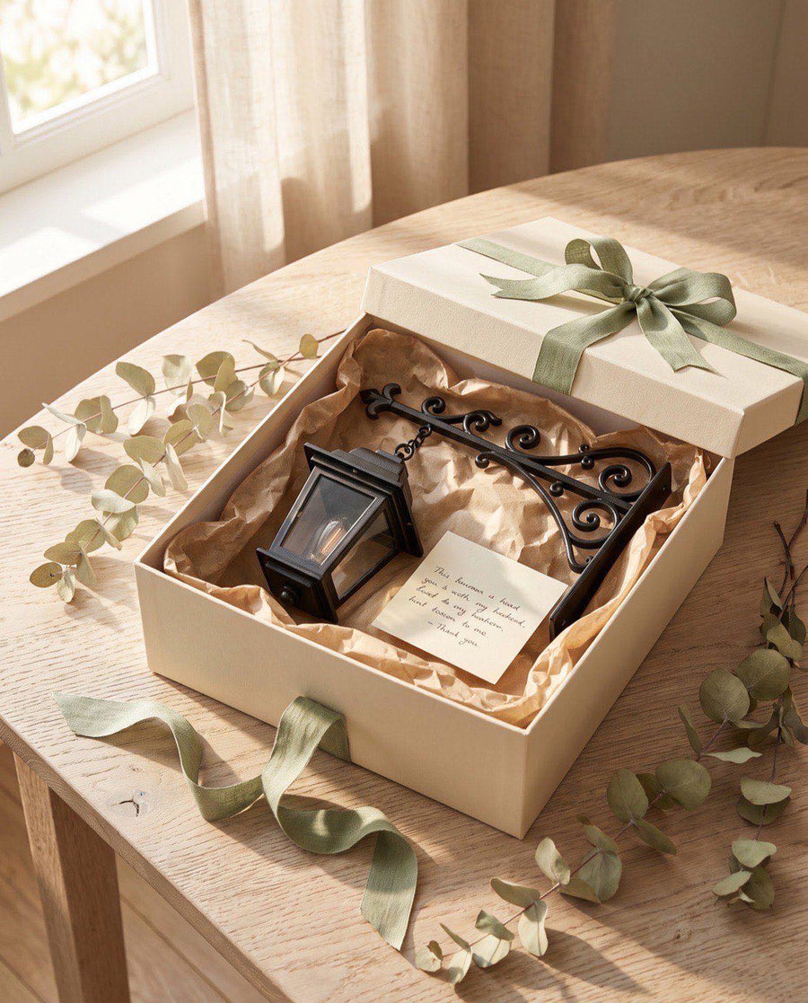 The NookPalace gift box in cream with a sage ribbon and a handwritten card