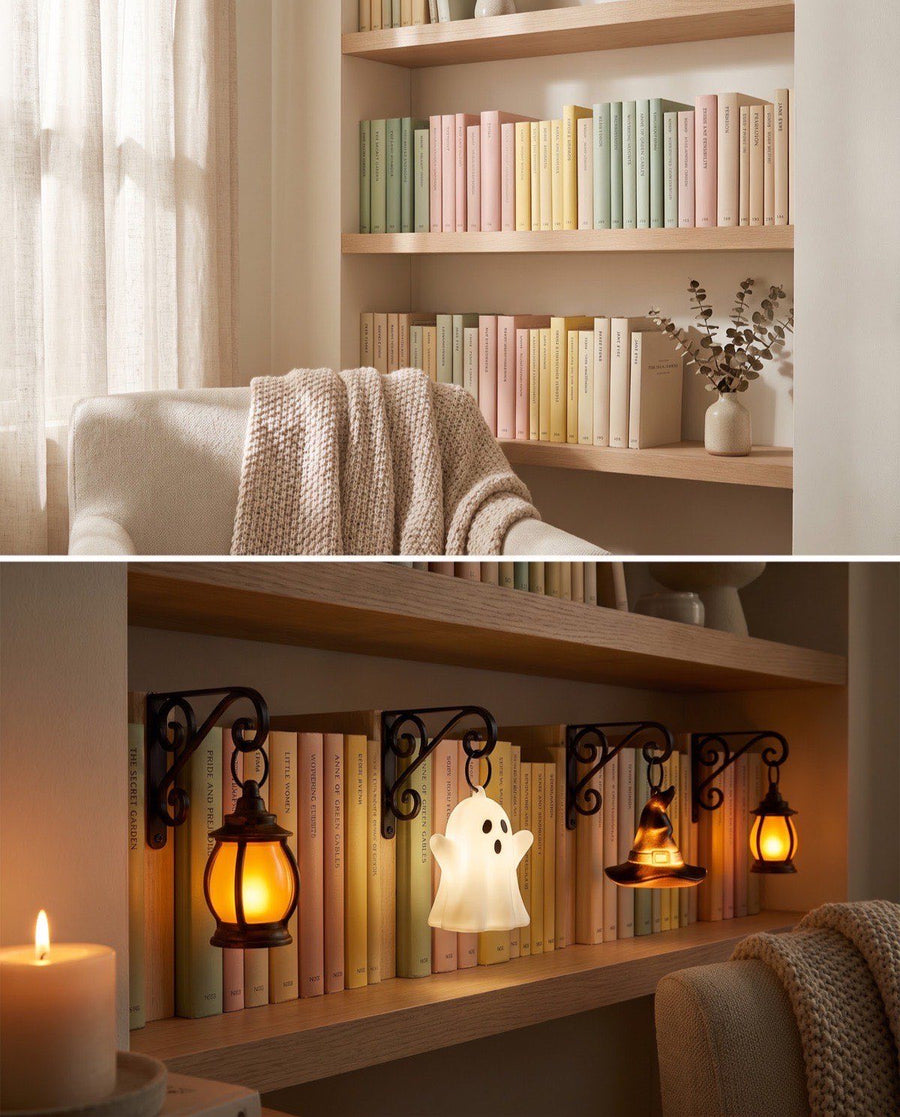 Four NookPalace lanterns glowing along one shelf in a dim room